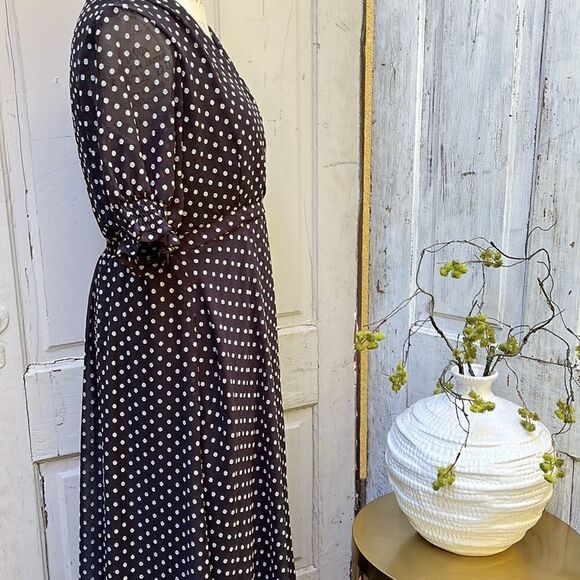 GABY SKYE,  SPOTTED FAUX WRAP HIGH LOW MIDI DRESS. Size 8 - Picture 5 of 8